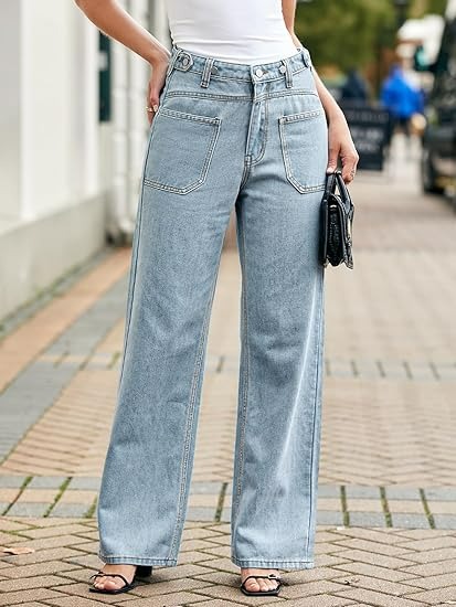 Womens Boyfriend Wide Leg Jeans Casual Loose Mid Rise Denim Pants with Pockets