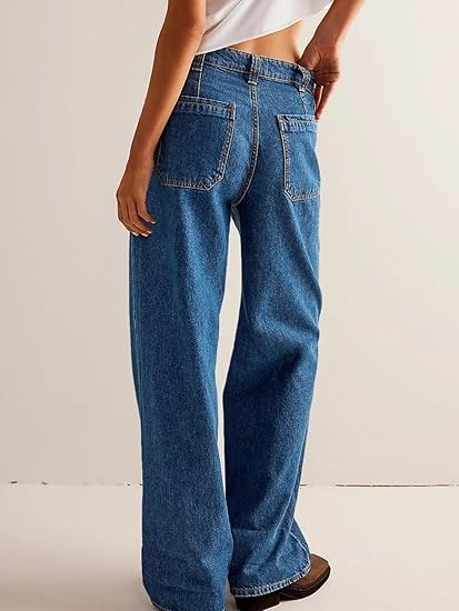 Womens Boyfriend Wide Leg Jeans Casual Loose Mid Rise Denim Pants with Pockets
