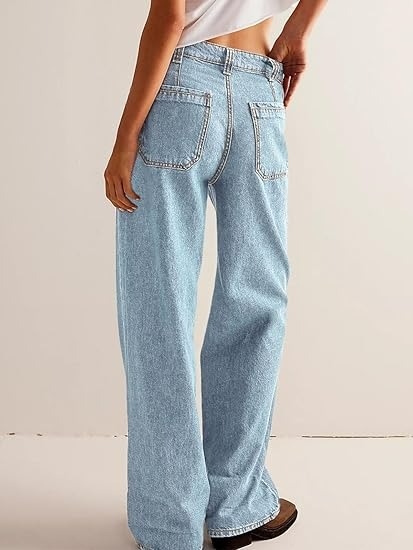 Womens Boyfriend Wide Leg Jeans Casual Loose Mid Rise Denim Pants with Pockets