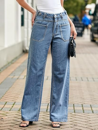 Womens Boyfriend Wide Leg Jeans Casual Loose Mid Rise Denim Pants with Pockets