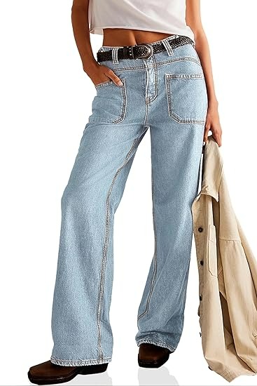 Womens Boyfriend Wide Leg Jeans Casual Loose Mid Rise Denim Pants with Pockets
