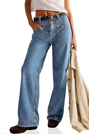 Womens Boyfriend Wide Leg Jeans Casual Loose Mid Rise Denim Pants with Pockets
