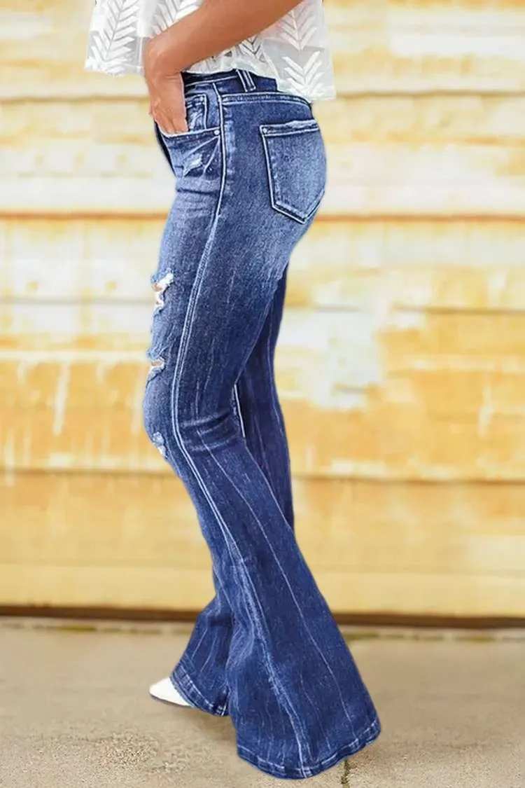 90S VINTAGE DISTRESSED ZIP FLY RAW HEM FLARE LEG JEANS