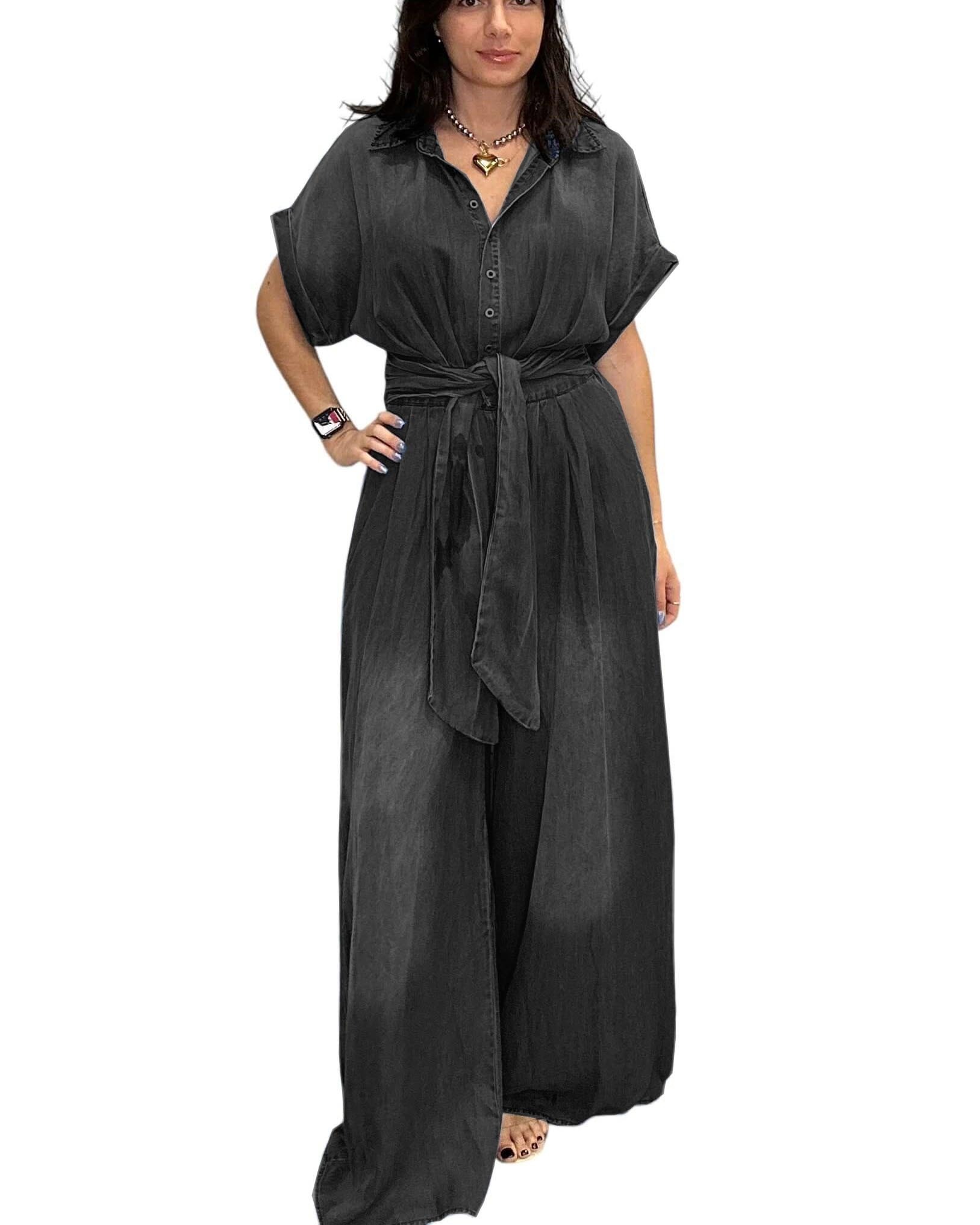 🔥HOT SALE🔥Casual Bat Sleeve Tie-Waist Tencel Denim Wide-Leg Jumpsuit (Buy 2 Free Shipping)