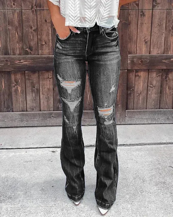 90S VINTAGE DISTRESSED ZIP FLY RAW HEM FLARE LEG JEANS