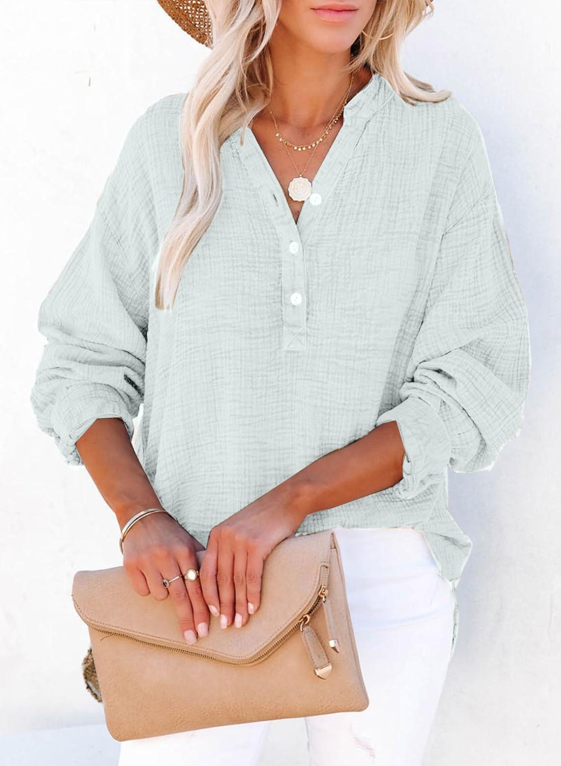 Womens Casual Gauze Muslin Button Neck Long Sleeve Oversized Blouses Tops(BUY 2 FREE SHIPPING)