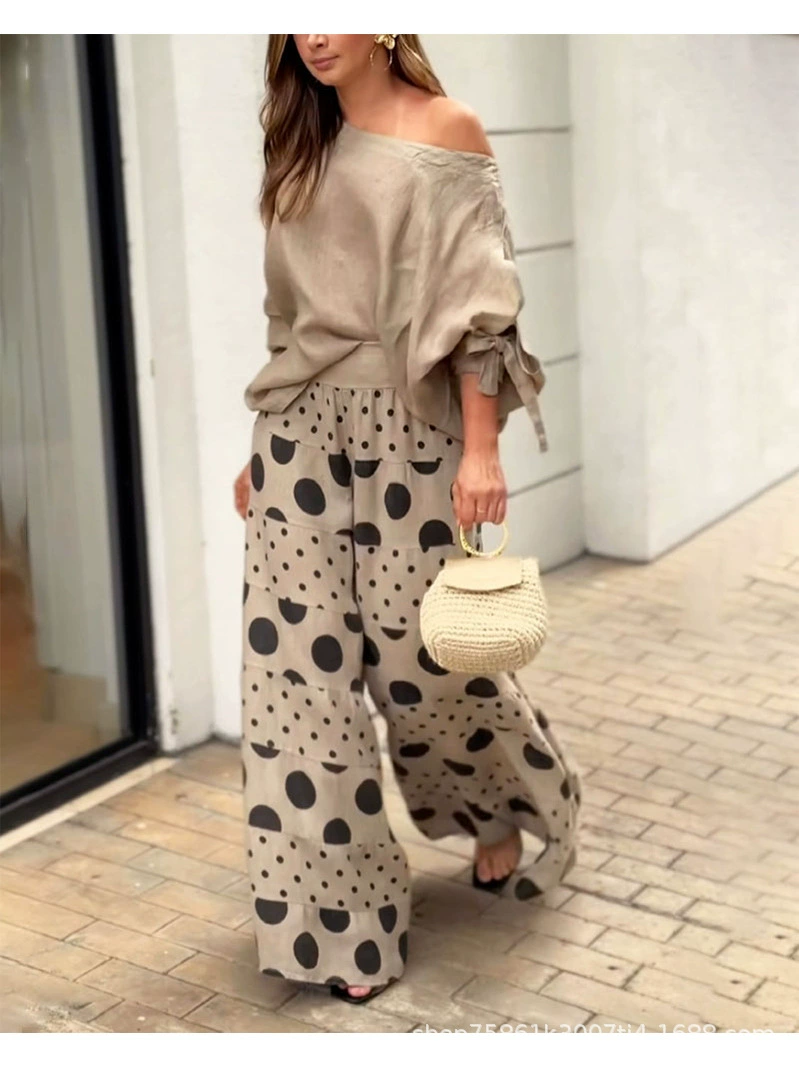 One-shoulder tie batwing sleeve tunic with wide-leg high-waist polka dot trousers two-piece set（BUY 2 FREE SHIPPING)