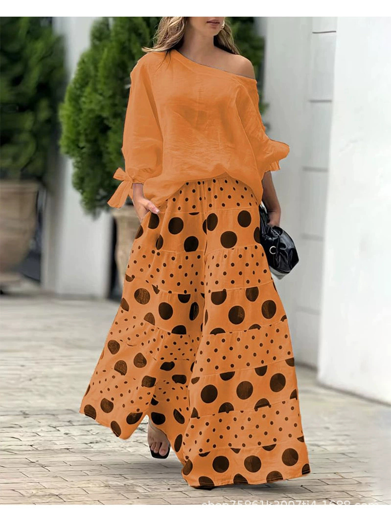 One-shoulder tie batwing sleeve tunic with wide-leg high-waist polka dot trousers two-piece set（BUY 2 FREE SHIPPING)