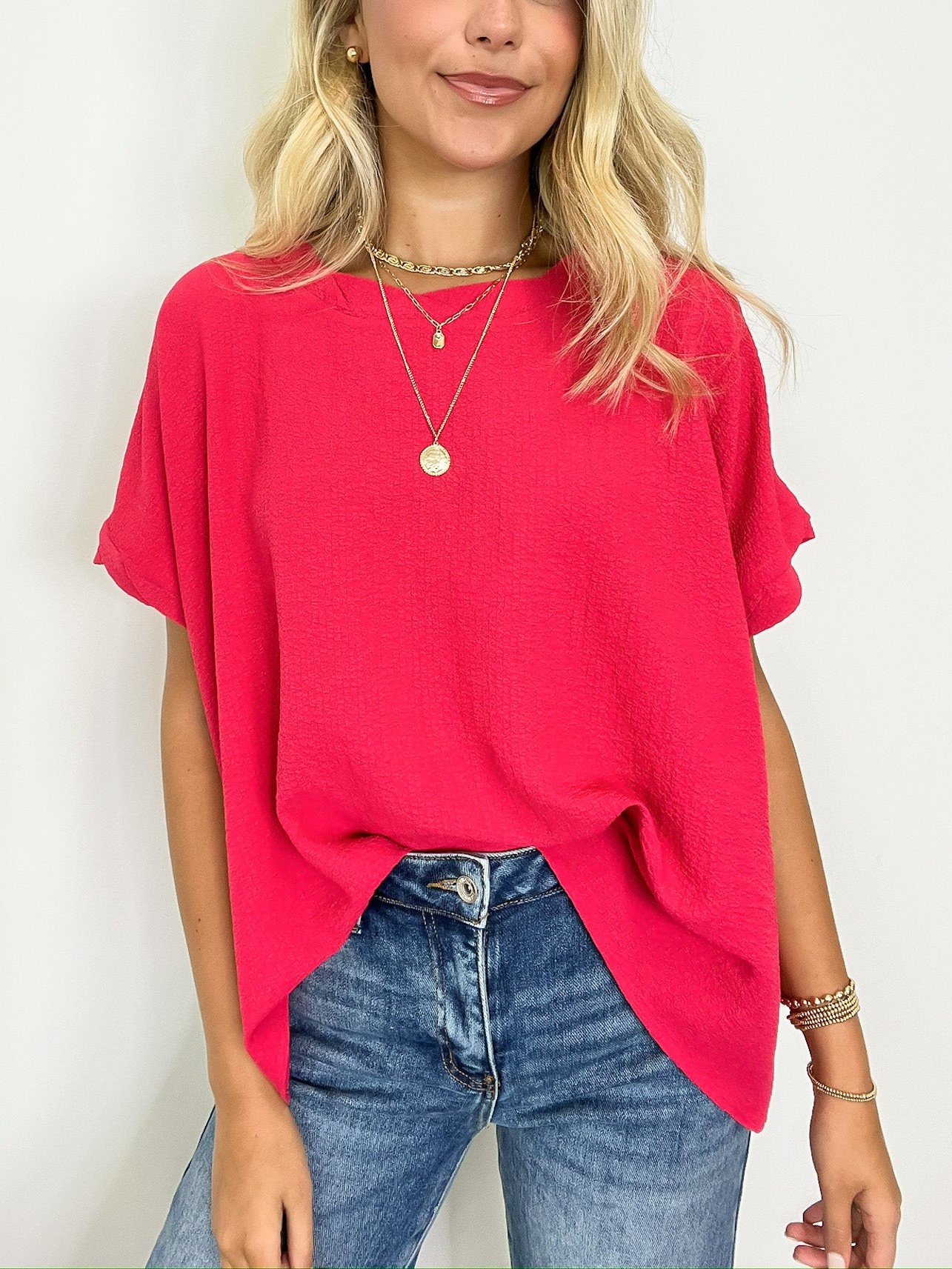 WOMEN'S POLYGONAL COLLAR FLOWY WAVED CUFFS SHORT SLEEVE TOP