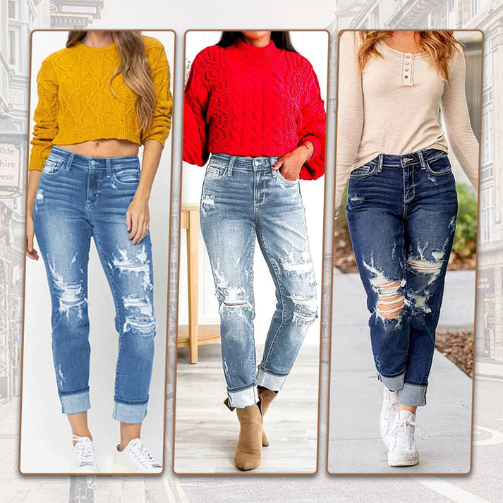 Women's Tummy Control Distressed Cuffed Boyfriend Jeans(BUY 2 FREE SHIPPING)