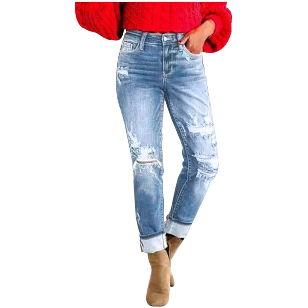 Women's Tummy Control Distressed Cuffed Boyfriend Jeans(BUY 2 FREE SHIPPING)