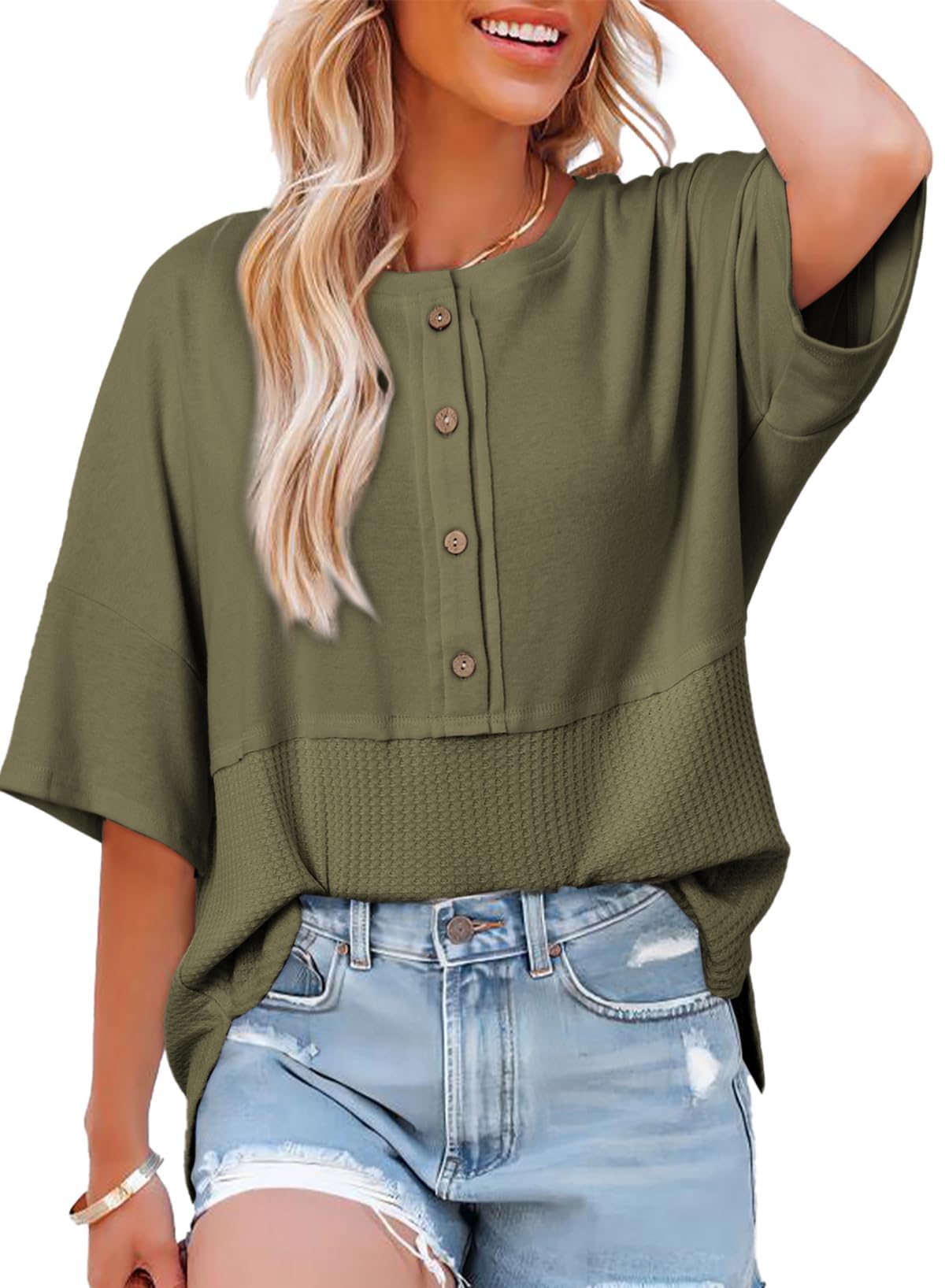 2025 New Women's 3/4 Sleeve Casual Button Down Waffle Knit Tops(buy 2 free shipping)
