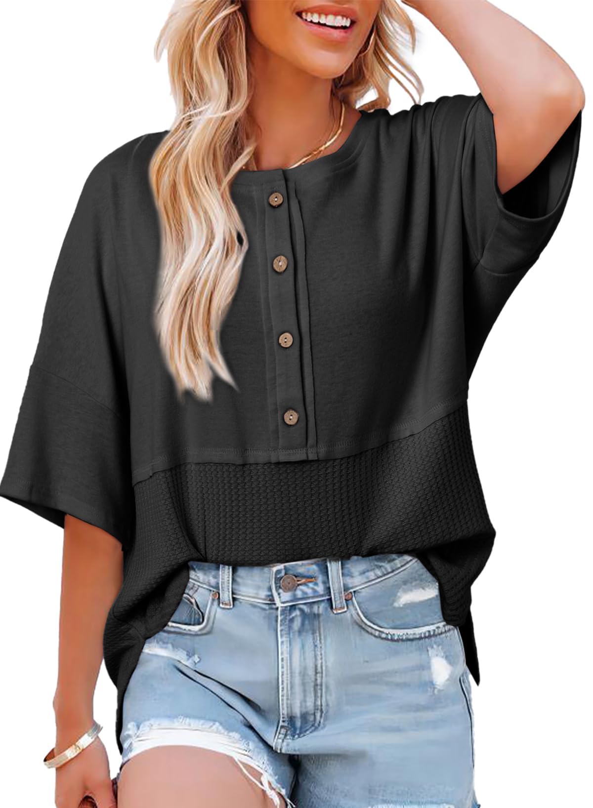 2025 New Women's 3/4 Sleeve Casual Button Down Waffle Knit Tops(buy 2 free shipping)