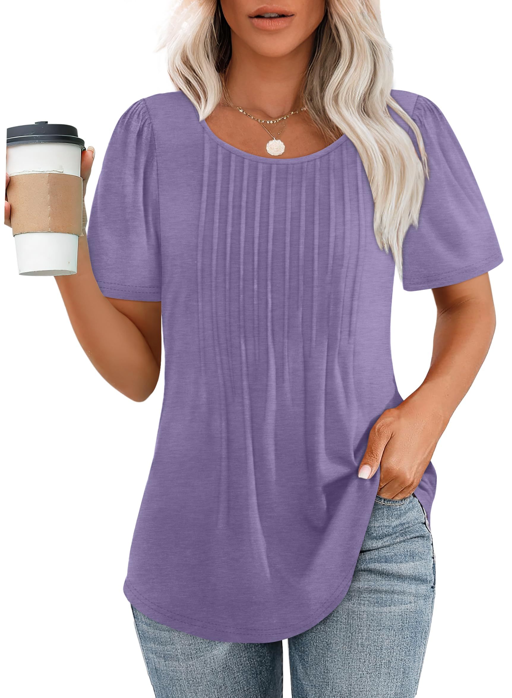 Women's Short Sleeve Pleated Dressy Casual Scooped Neck Tops(BUY 3 FREE SHIPPING)