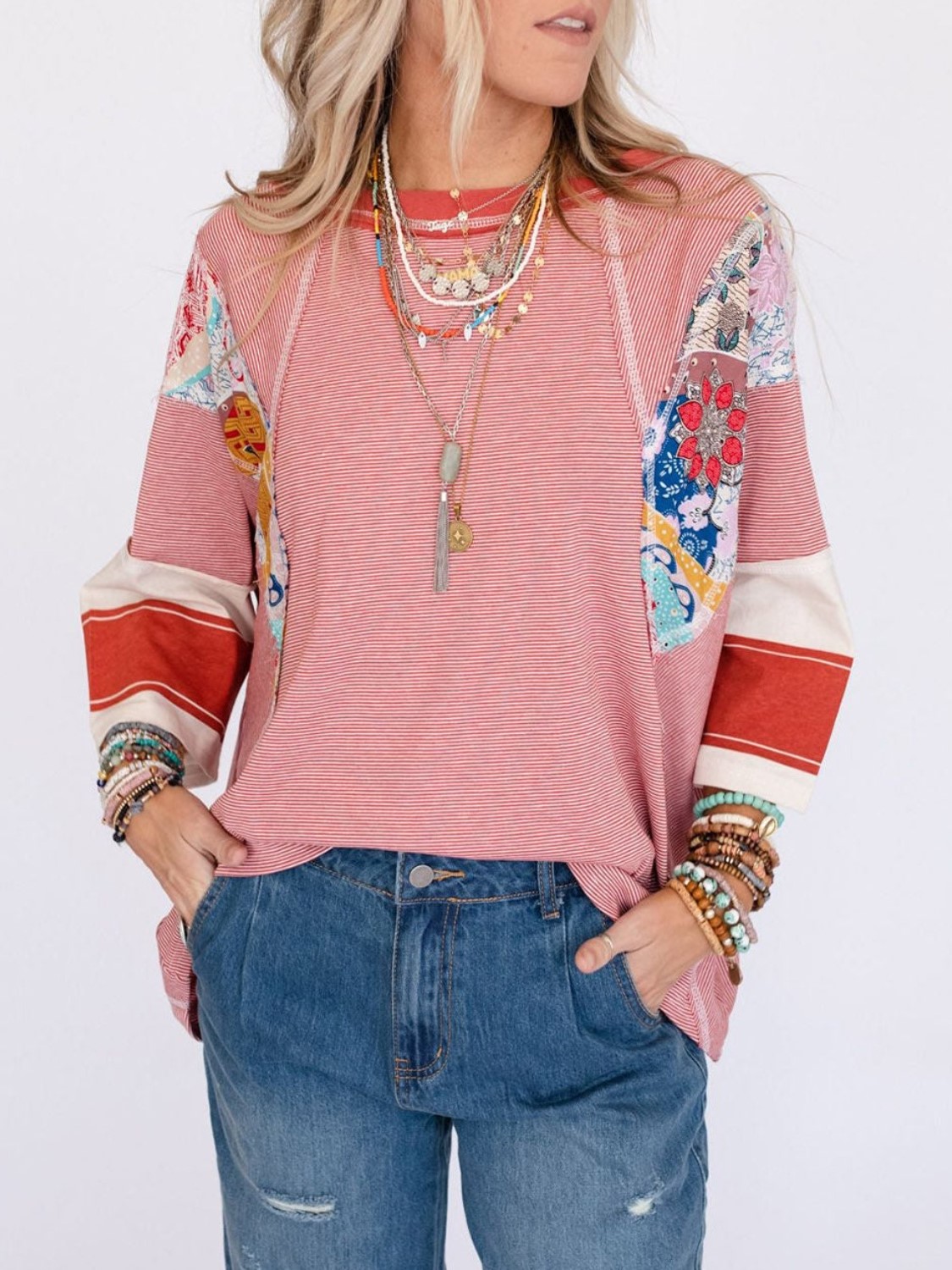 WOMEN'S CASUAL STRIPED FLORAL PRINT PATCHWORK OVERSIZED 3/4 SLEEVE TOP(Buy 2 Free Shipping)