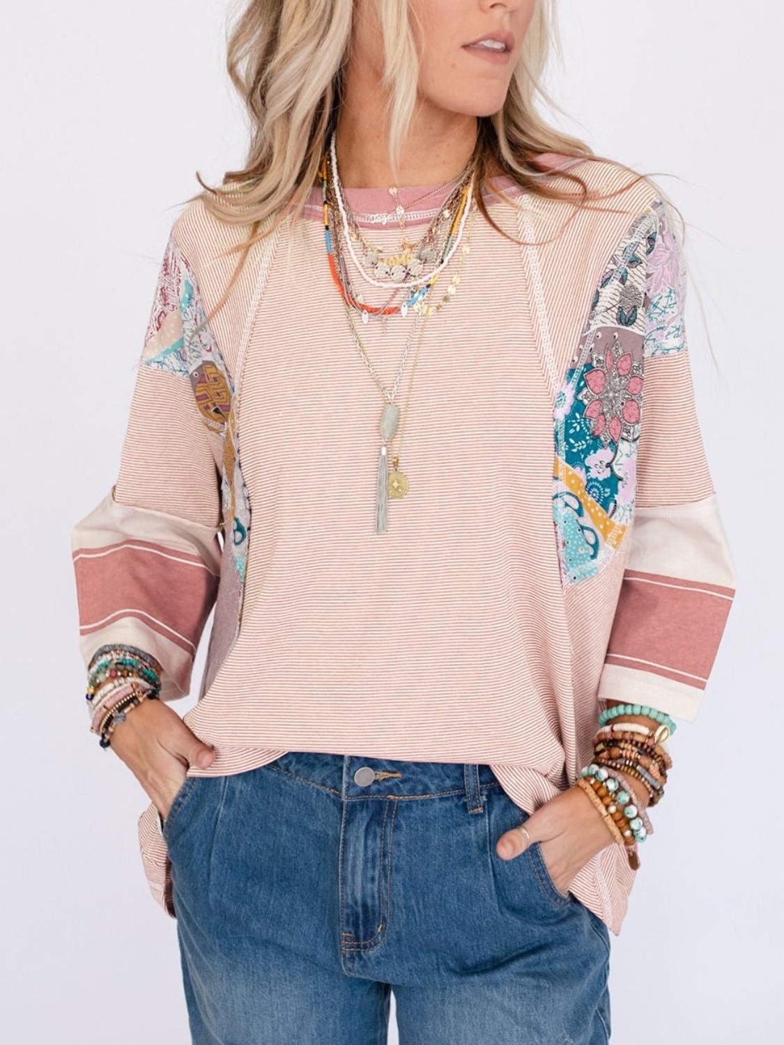 WOMEN'S CASUAL STRIPED FLORAL PRINT PATCHWORK OVERSIZED 3/4 SLEEVE TOP(Buy 2 Free Shipping)