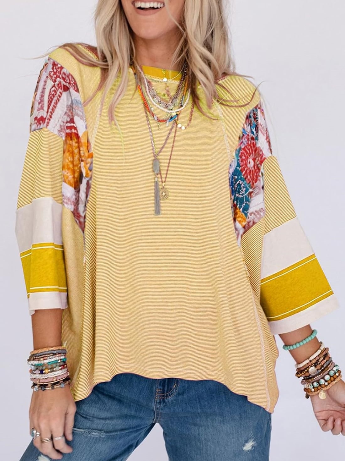 WOMEN'S CASUAL STRIPED FLORAL PRINT PATCHWORK OVERSIZED 3/4 SLEEVE TOP(Buy 2 Free Shipping)