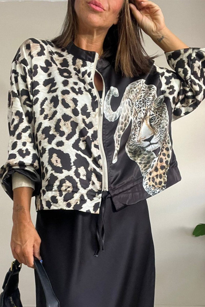 Women's Casual Round Neck Leopard Printed Zipper Jacket（BUY A FREE SHIPPING)