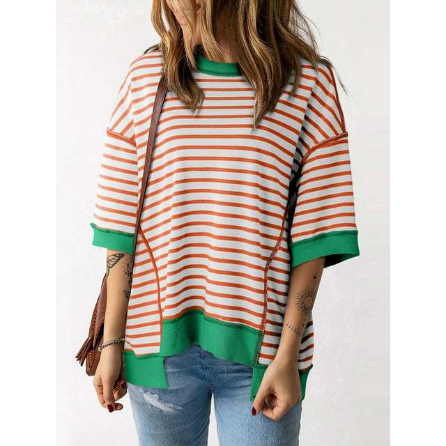 Women Striped Color Block Tops Short Sleeve(BUY 2 FREE SHIPPING)