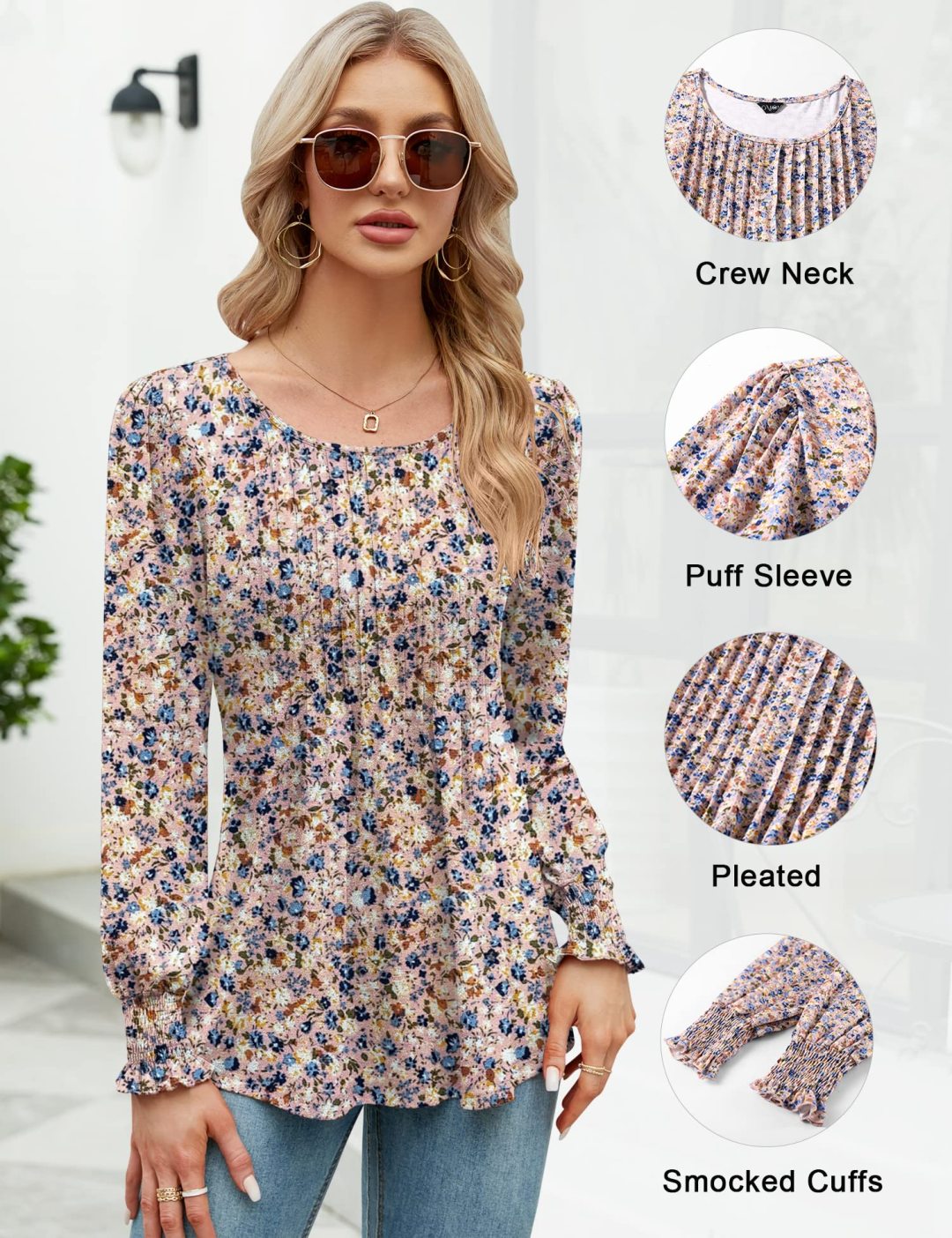 Puff Long Sleeve Pleated Crew Neck Tunic Top (buy 3 free shipping!!!)