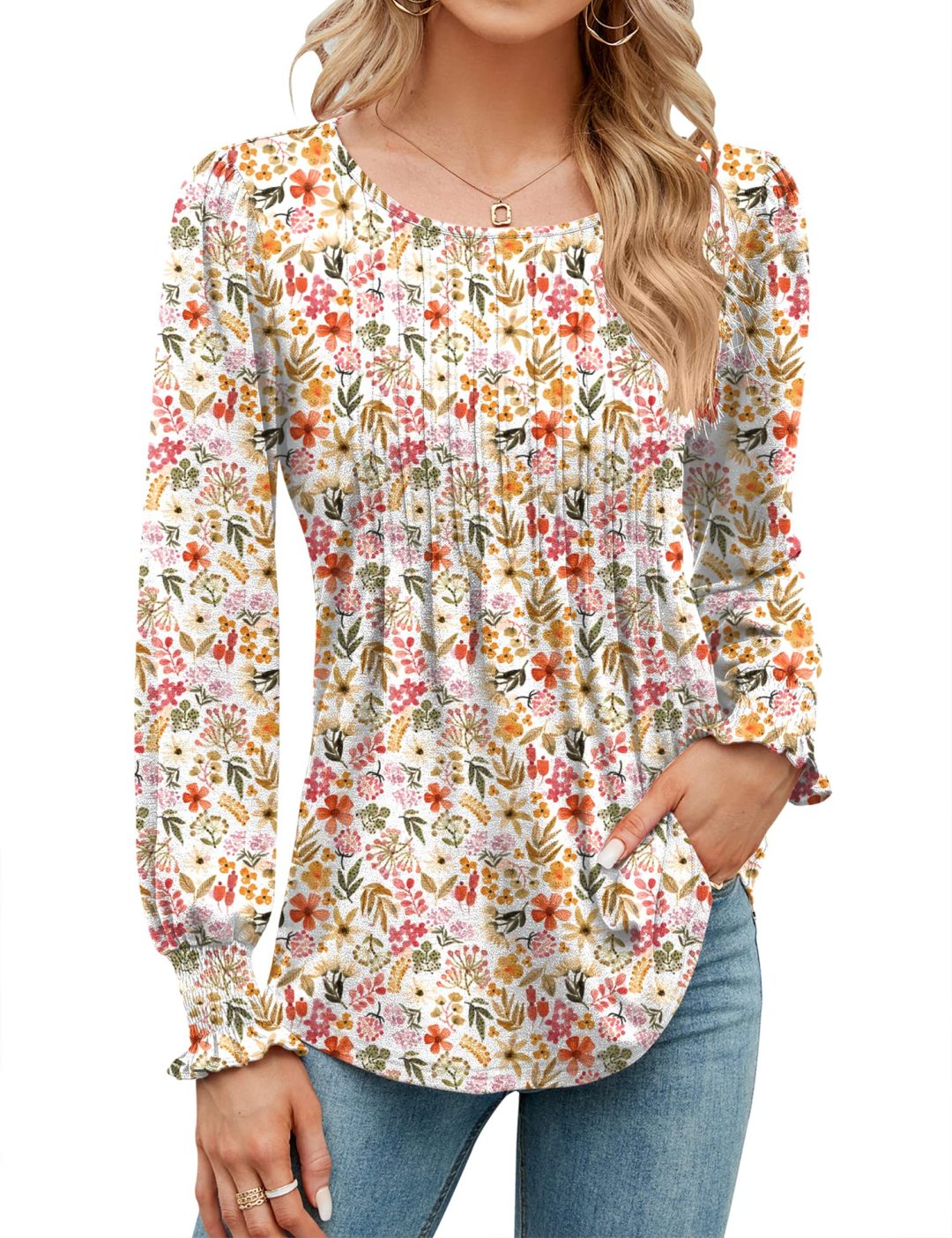 Puff Long Sleeve Pleated Crew Neck Tunic Top (buy 3 free shipping!!!)