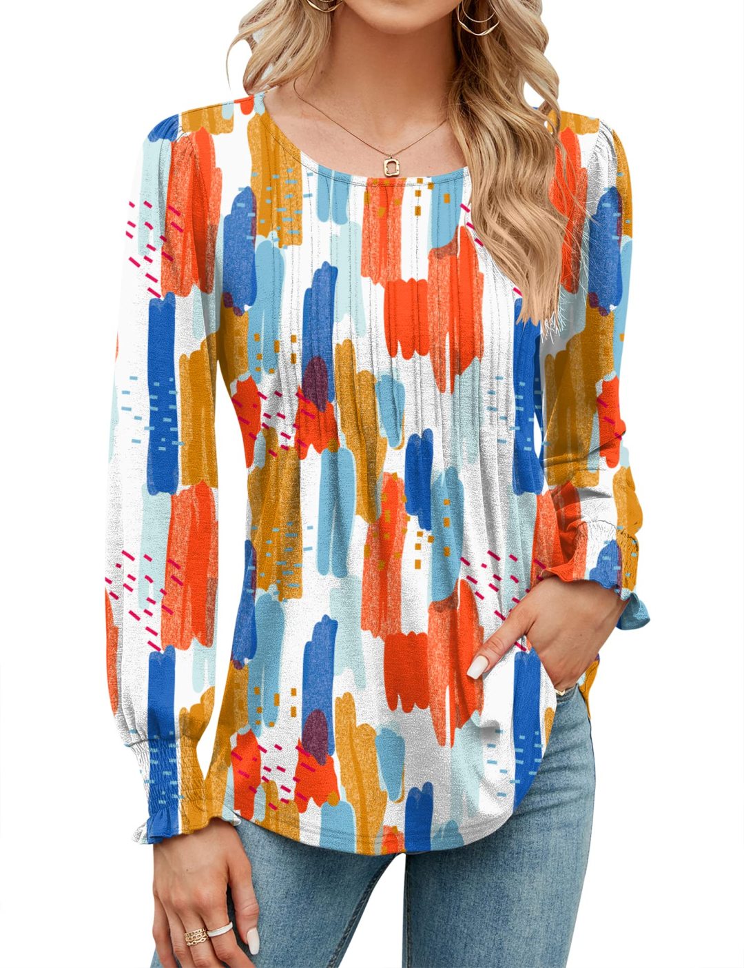 Puff Long Sleeve Pleated Crew Neck Tunic Top (buy 3 free shipping!!!)