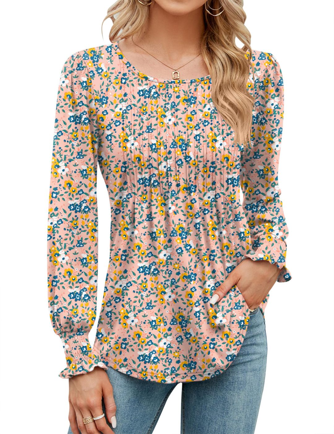 Puff Long Sleeve Pleated Crew Neck Tunic Top (buy 3 free shipping!!!)