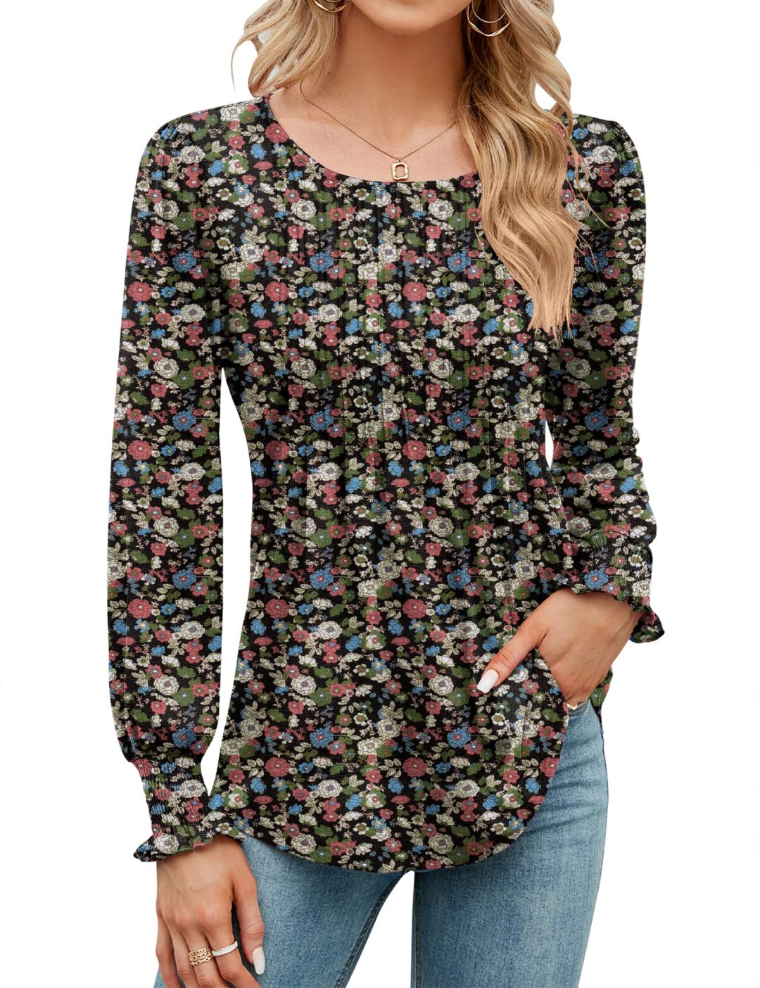 Puff Long Sleeve Pleated Crew Neck Tunic Top (buy 3 free shipping!!!)