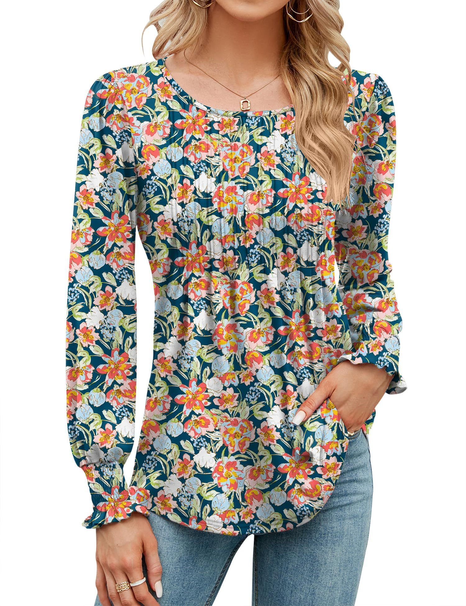 Puff Long Sleeve Pleated Crew Neck Tunic Top (buy 3 free shipping!!!)