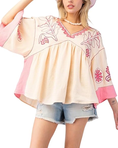 Women's Floral Printed Blouse Top Cute V Neck 3/4 Sleeve Embroidered Babydoll Tops(BUY A FREE SHIPPING)