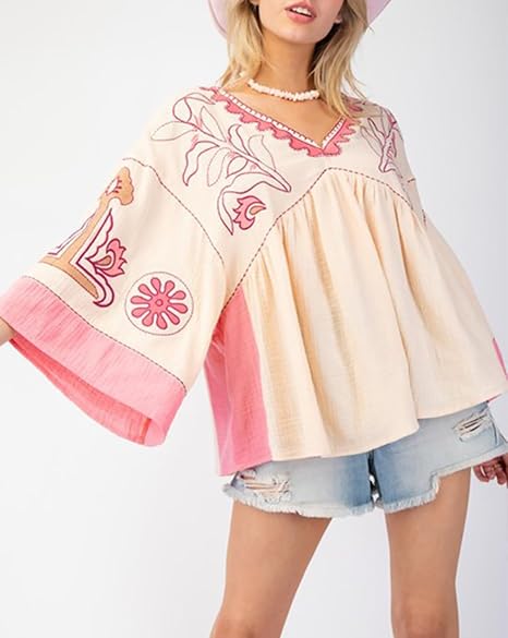 Women's Floral Printed Blouse Top Cute V Neck 3/4 Sleeve Embroidered Babydoll Tops(BUY A FREE SHIPPING)