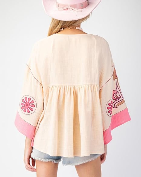 Women's Floral Printed Blouse Top Cute V Neck 3/4 Sleeve Embroidered Babydoll Tops(BUY A FREE SHIPPING)