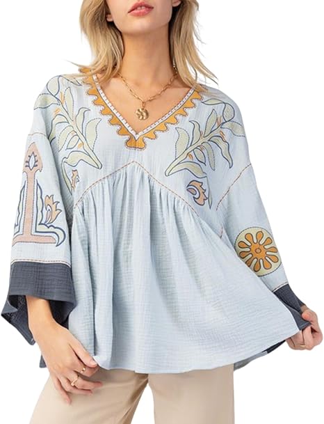 Women's Floral Printed Blouse Top Cute V Neck 3/4 Sleeve Embroidered Babydoll Tops(BUY A FREE SHIPPING)