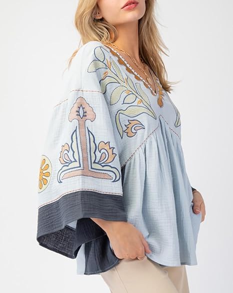 Women's Floral Printed Blouse Top Cute V Neck 3/4 Sleeve Embroidered Babydoll Tops(BUY A FREE SHIPPING)