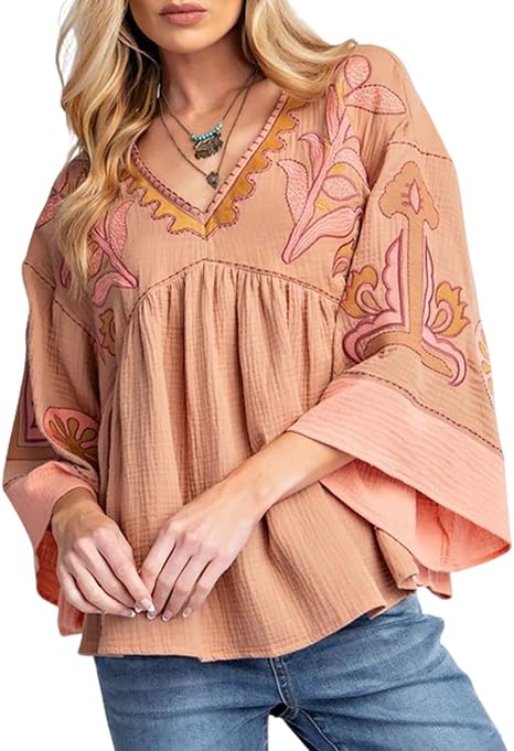 Women's Floral Printed Blouse Top Cute V Neck 3/4 Sleeve Embroidered Babydoll Tops(BUY A FREE SHIPPING)