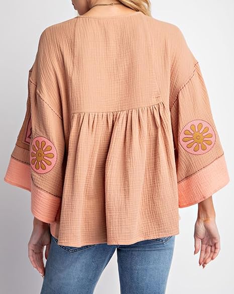 Women's Floral Printed Blouse Top Cute V Neck 3/4 Sleeve Embroidered Babydoll Tops(BUY A FREE SHIPPING)