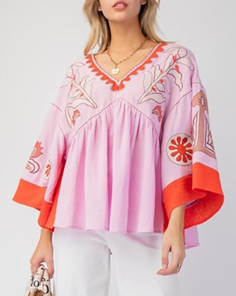 Women's Floral Printed Blouse Top Cute V Neck 3/4 Sleeve Embroidered Babydoll Tops(BUY A FREE SHIPPING)