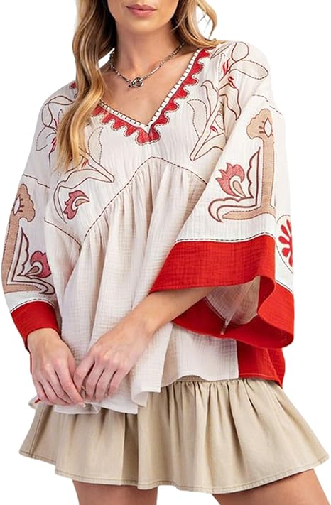 Women's Floral Printed Blouse Top Cute V Neck 3/4 Sleeve Embroidered Babydoll Tops(BUY A FREE SHIPPING)