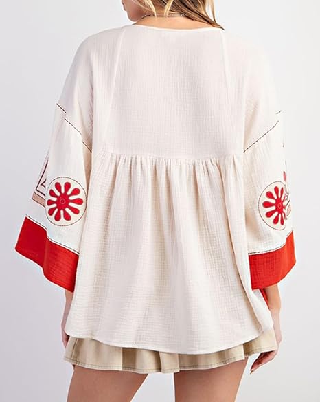 Women's Floral Printed Blouse Top Cute V Neck 3/4 Sleeve Embroidered Babydoll Tops(BUY A FREE SHIPPING)