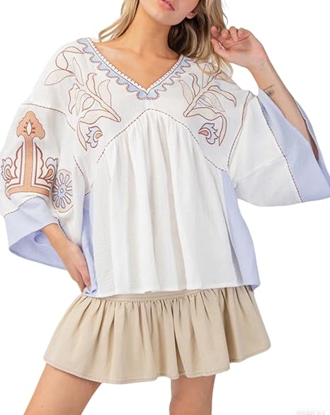 Women's Floral Printed Blouse Top Cute V Neck 3/4 Sleeve Embroidered Babydoll Tops(BUY A FREE SHIPPING)