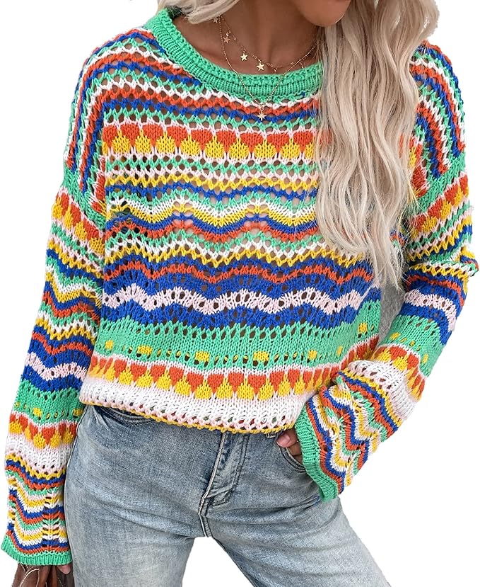 Women's Loose Striped Spliced Knitted Sweaters Female Round Neck Contrasting Pullovers