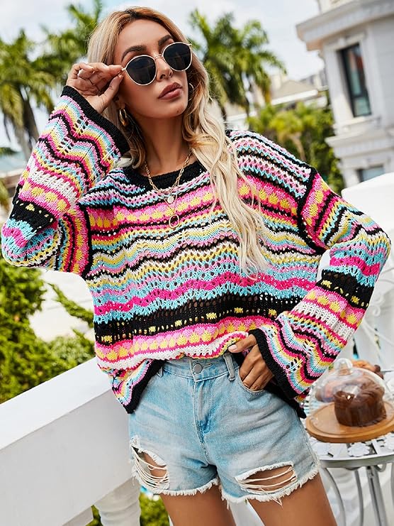 Women's Loose Striped Spliced Knitted Sweaters Female Round Neck Contrasting Pullovers