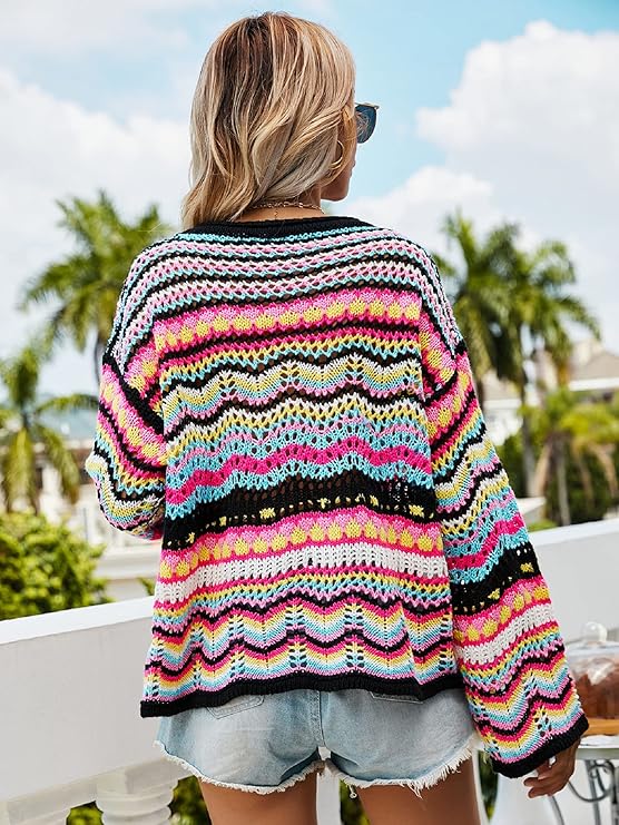 Women's Loose Striped Spliced Knitted Sweaters Female Round Neck Contrasting Pullovers