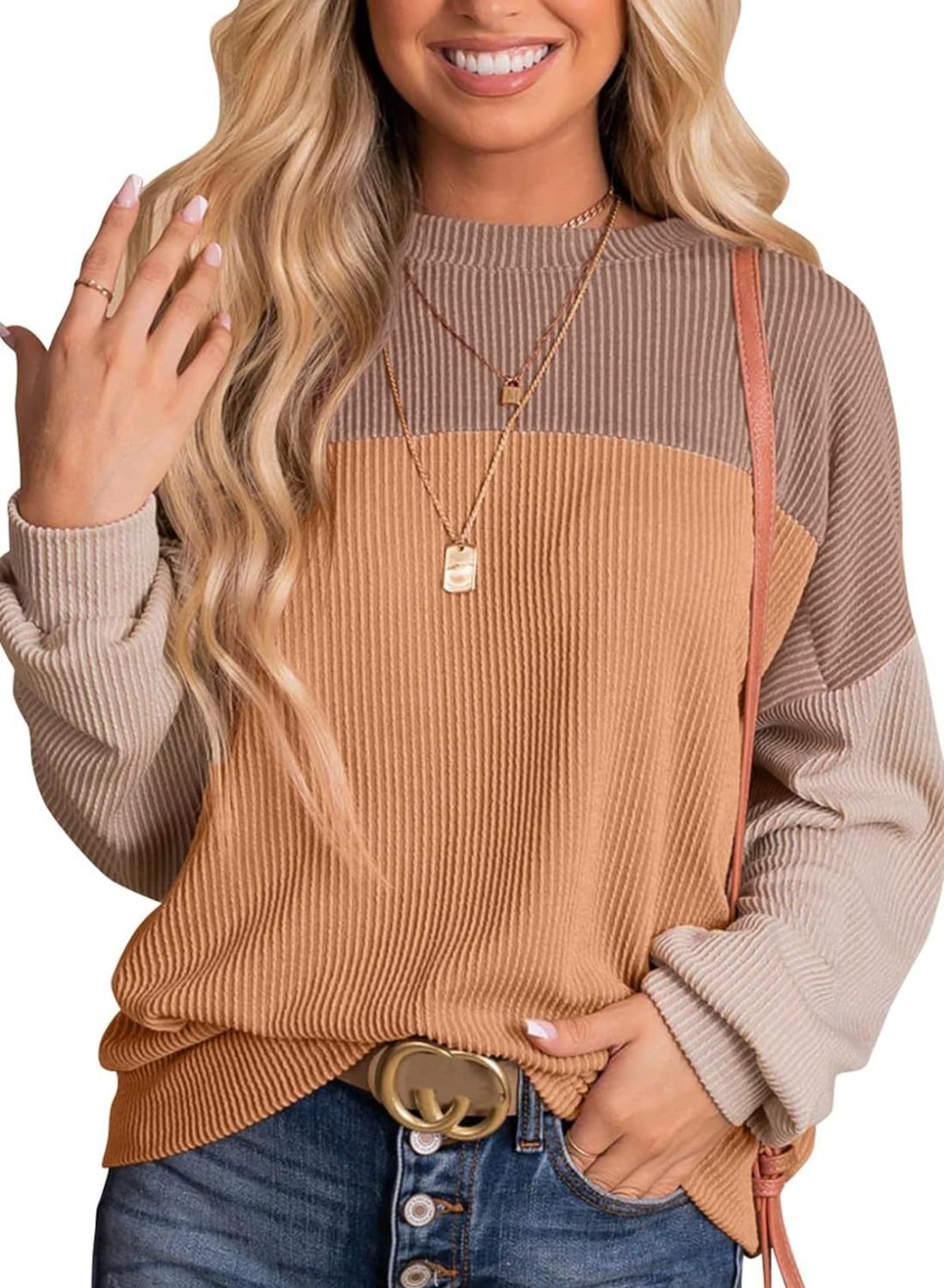 Womens Color Block Long Sleeve Crewneck Knitted Pullover Sweatshirt Tops