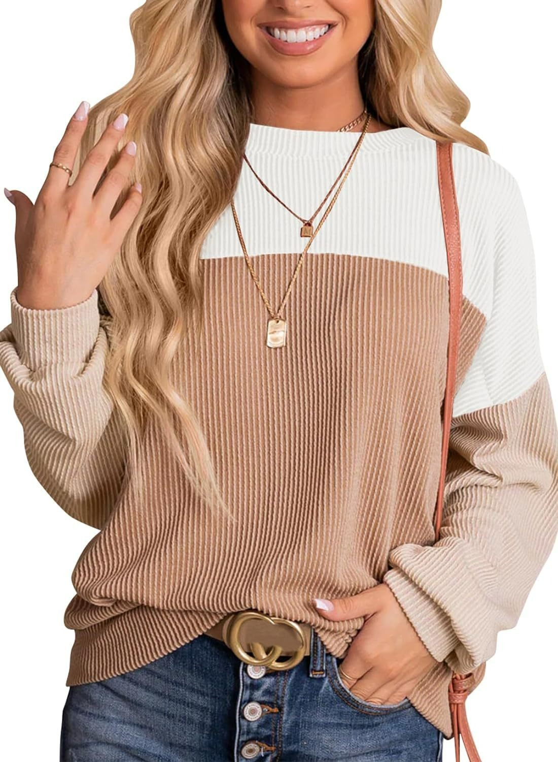 Womens Color Block Long Sleeve Crewneck Knitted Pullover Sweatshirt Tops