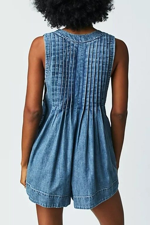DENIM V-NECK PLEATED ROMPER (BUY 2 FREE SHIPPING)