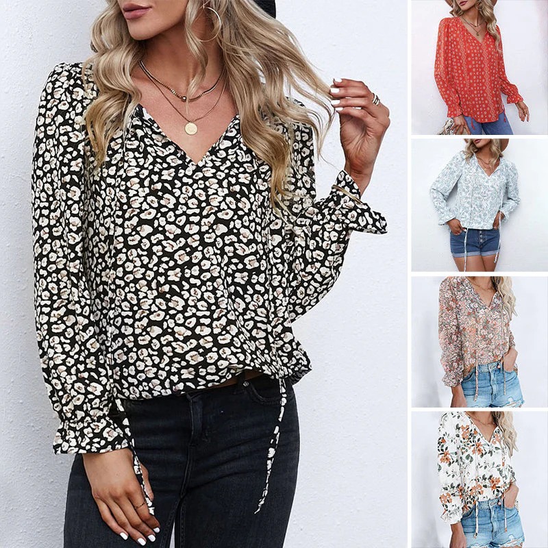 Women Boho Floral Print V Neck Drawstring Long Sleeve Blouse Top