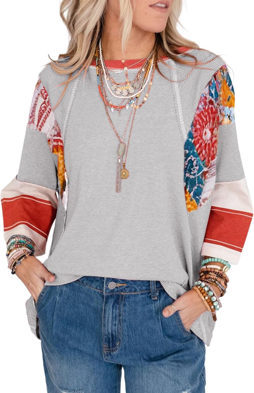 WOMEN'S CASUAL STRIPED FLORAL PRINT PATCHWORK OVERSIZED 3/4 SLEEVE TOP(Buy 2 Free Shipping)