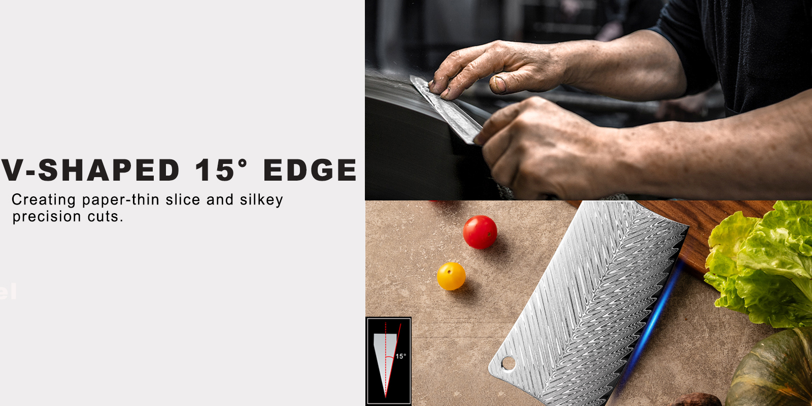 Damascus meat cleaver at a precise 15-degree angle.