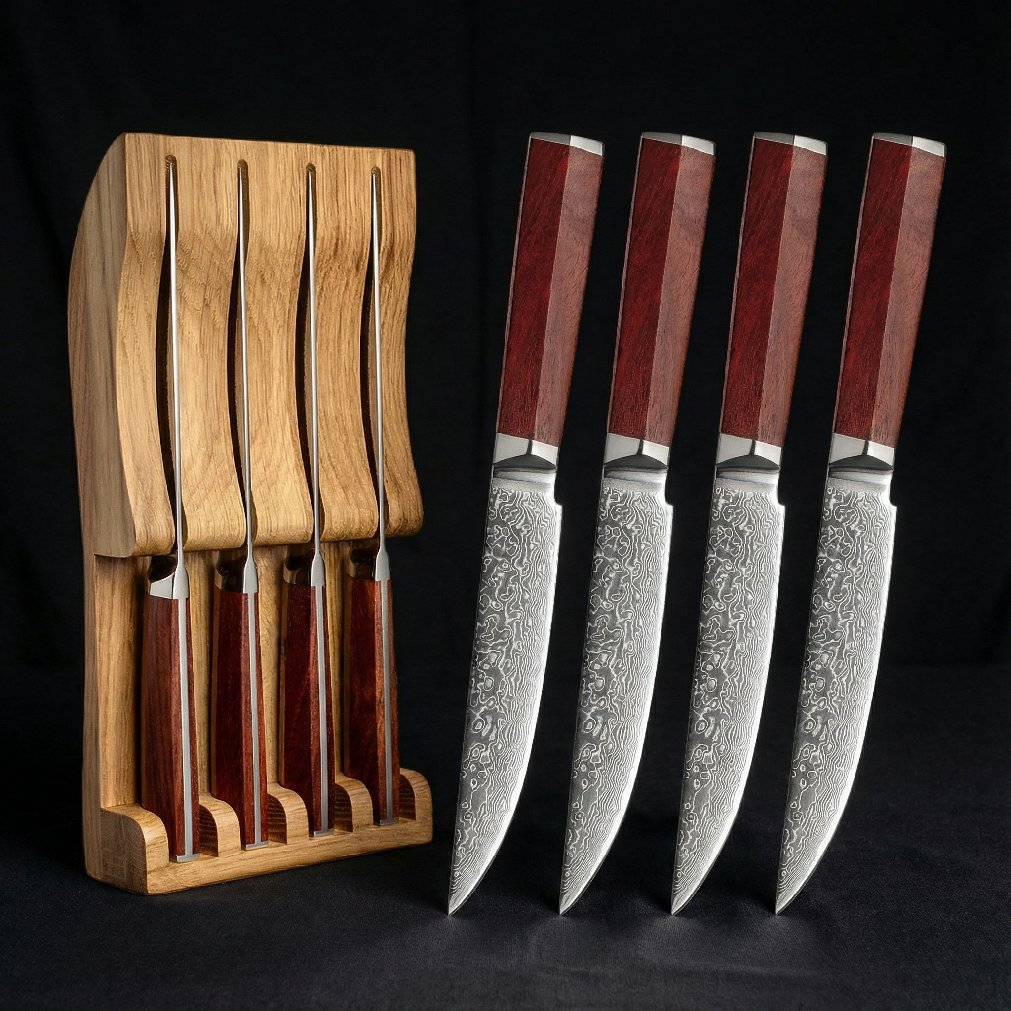 4 Piece Damascus Steak Knife Set With Wood Drawer Organizer Insert
